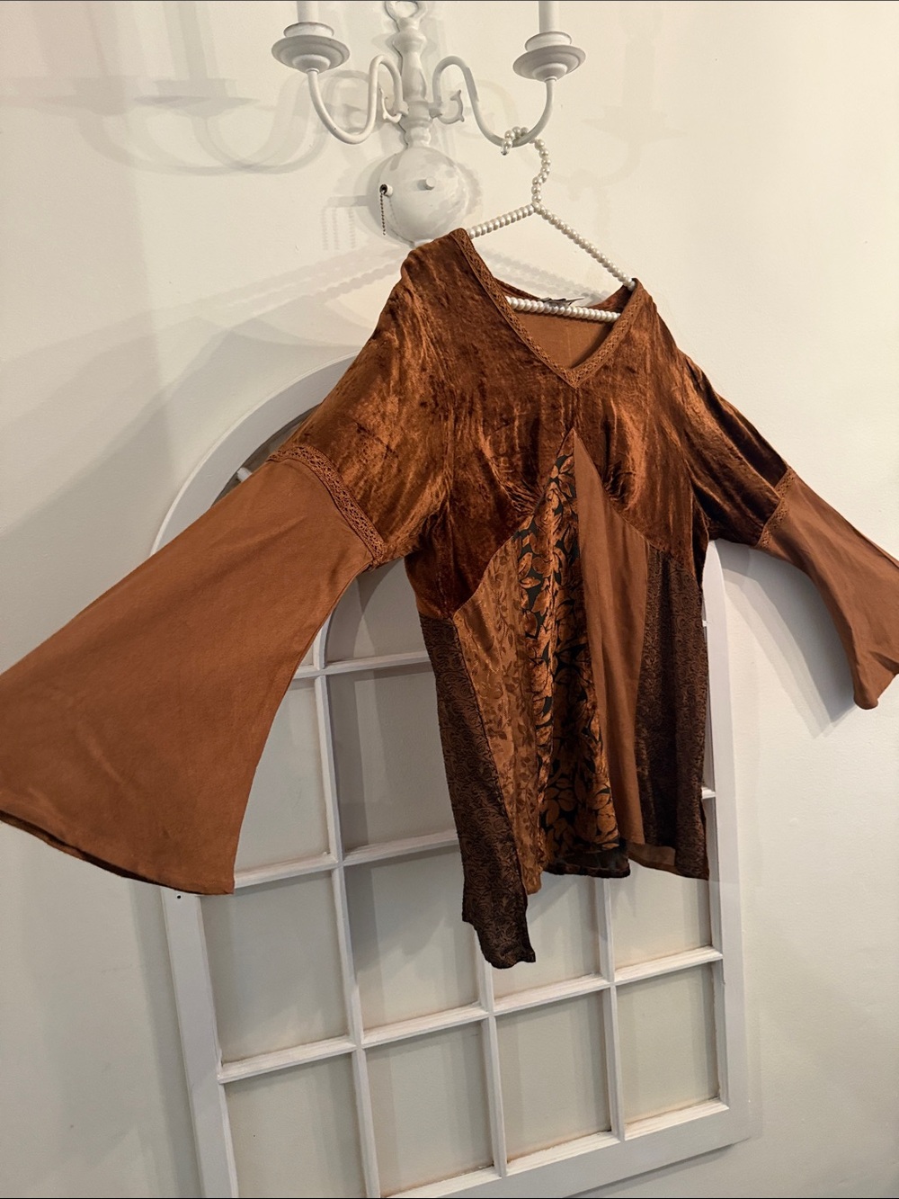 Marisol Vintage Brown Patchwork Velvet & Lace Bell Sleeve Top Blouse Size L